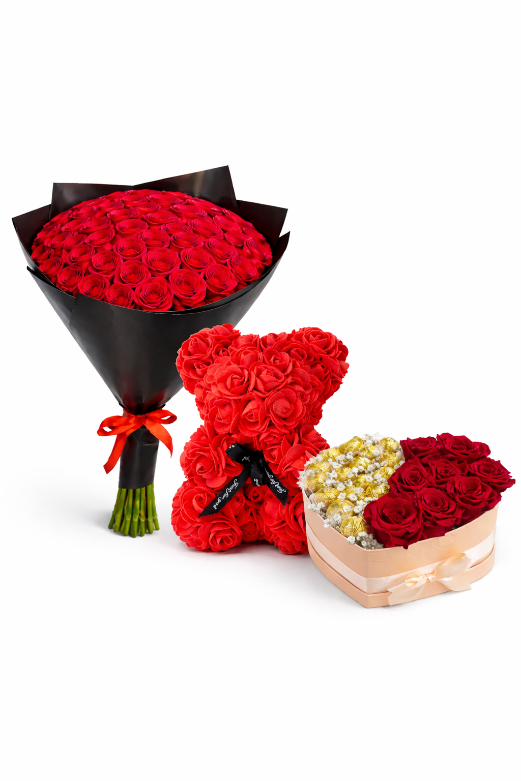 BOUQUET 50 ROSES ROUGES + NOUNOURS + BOXE ETERNELLES & CHOCOLAT