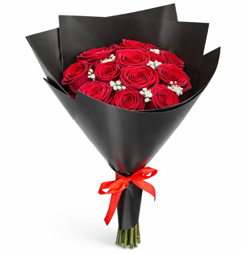 BOUQUET 10 ROSES ROUGES + GYPSO