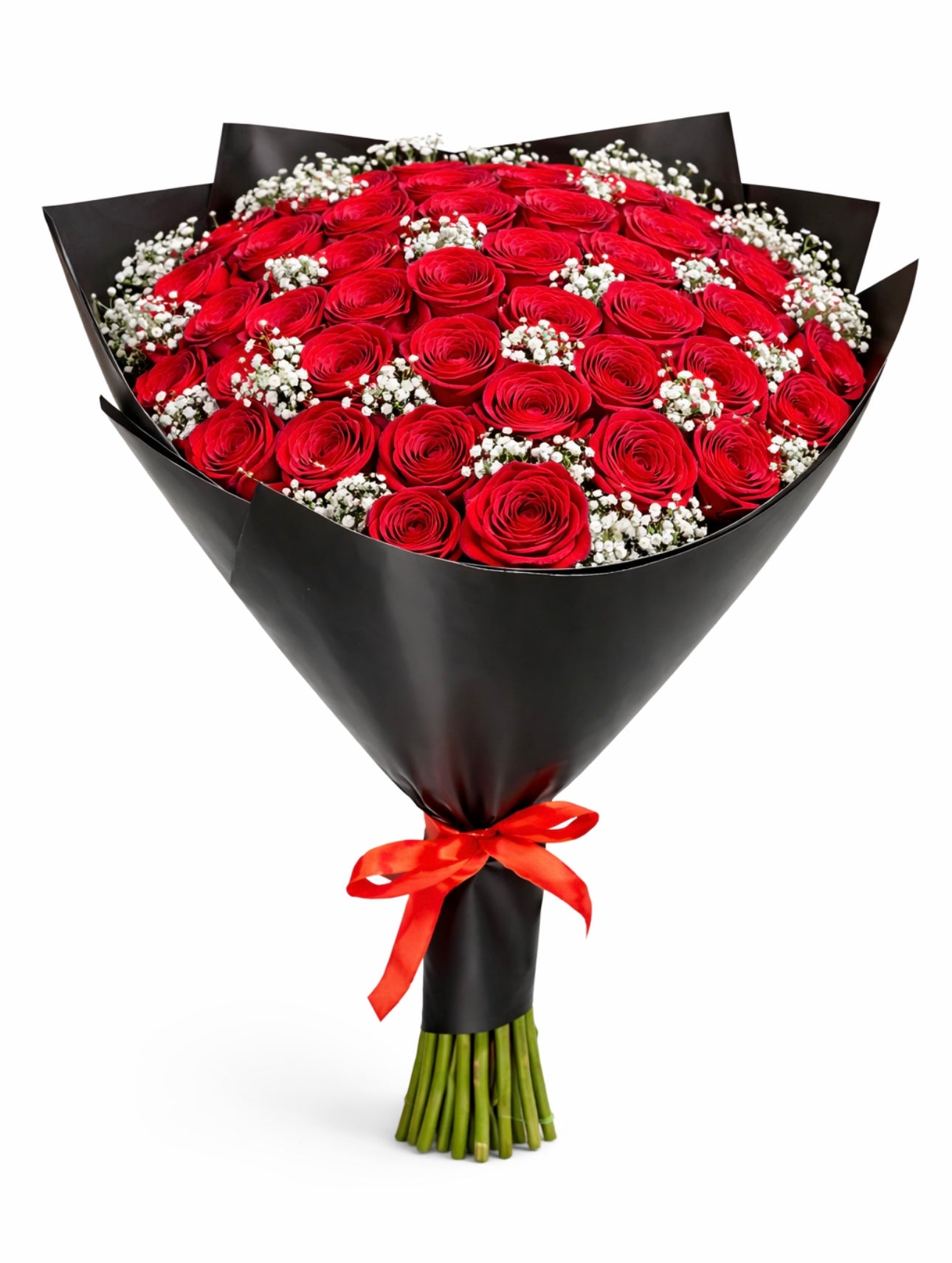 BOUQUET 50 ROSES ROUGES + GYPSO